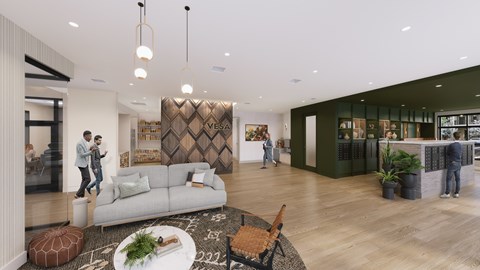 A modern living room with a grey sofa and a wooden floor.